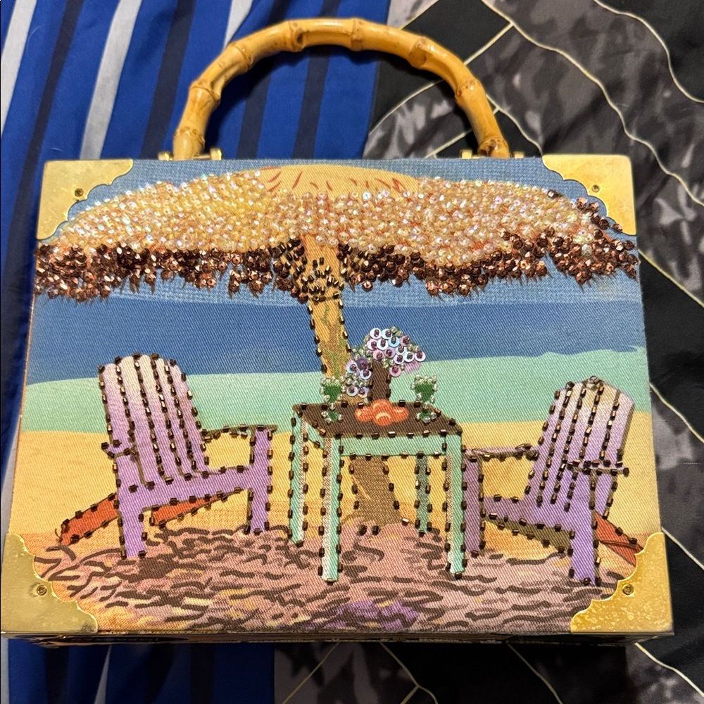 Sequin Beach Scene Cigar Box Handbag with Bamboo Handle
